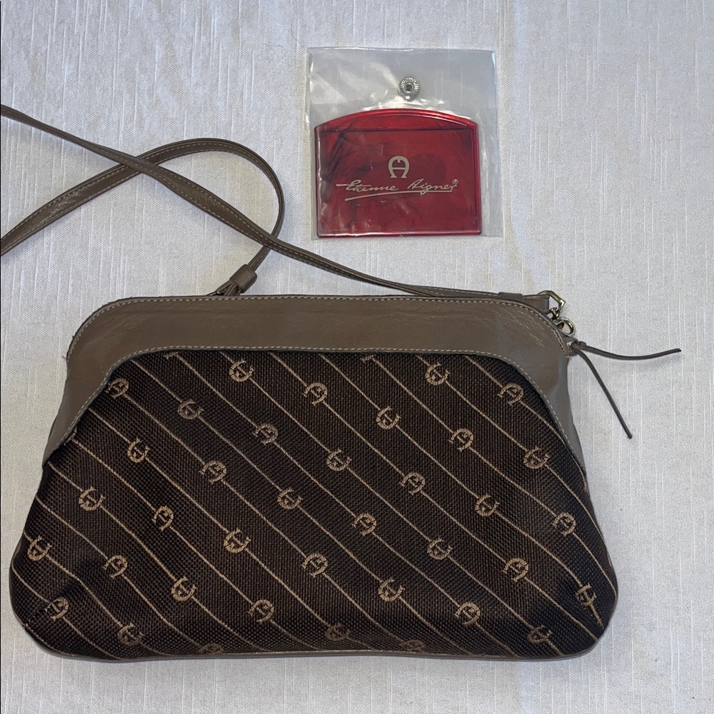 Vintage Etienne Aigner Brown and Tan Designer Crossbody Bag and mirror! 🪞